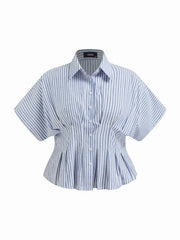 Cotton-blend Stripe Pleated Cinched Waist Shirt Curve & Plus