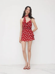 Cowl Neck Ruched Polka Dot Cami Top With Scarf & Mid Rise Mini Skort Set