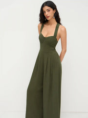 Linen-blend Square Neck Criss Cross Pleated Jumpsuit
