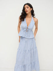 Cotton-blend Halter Neckline Stripe Tie Front Shirred Top & Mid Rise Elastic Waist Ruffle Maxi Skirt Set
