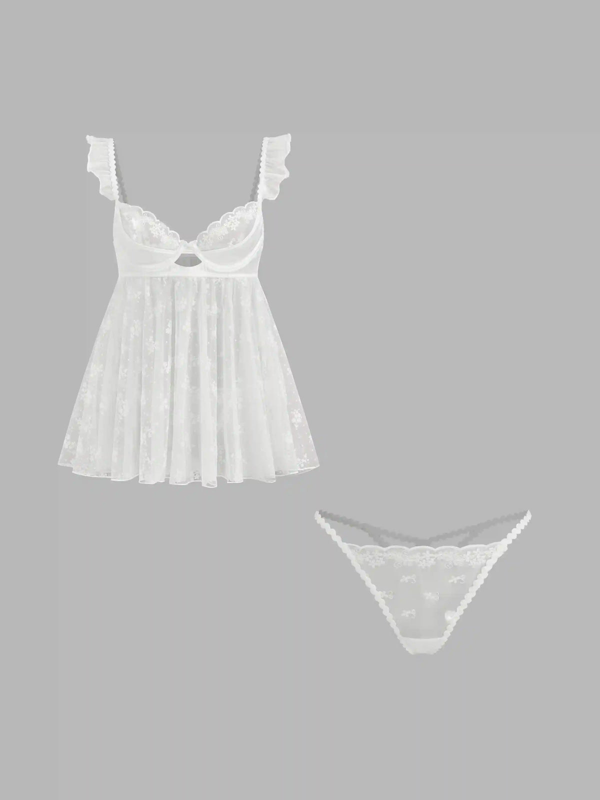 Lace Sweetheart Cut Out Ruffle Trim Top With Thong Set