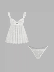 Lace Sweetheart Cut Out Ruffle Trim Top With Thong Set