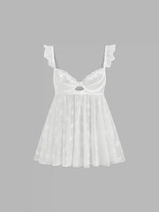 Lace Sweetheart Cut Out Ruffle Trim Top With Thong Set