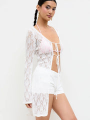 Knit Crochet V-neck See-through Knotted Cover Up Dress