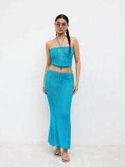 Knitted Halter Neckline Beaded Bandeau Top & Mid Rise Mermaid Maxi Skirt Set