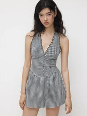 Gingham Halter Neckline Shirred Romper