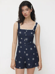 Square Neck Floral Lace Trim Romper