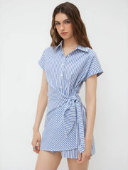Cotton-blend Polo Collar Striped Draped Mini Dress