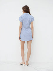 Cotton-blend Polo Collar Striped Draped Mini Dress
