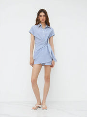 Cotton-blend Polo Collar Striped Draped Mini Dress