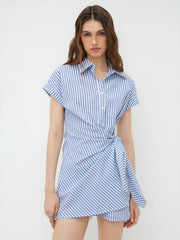 Cotton-blend Polo Collar Striped Draped Mini Dress