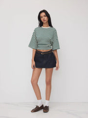 Cotton-blend Stripe Round Neckline Mid-length Sleeve Cinched Waist Tee