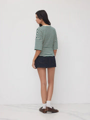 Cotton-blend Stripe Round Neckline Mid-length Sleeve Cinched Waist Tee