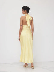 Satin Halter Neckline Backless Maxi Dress