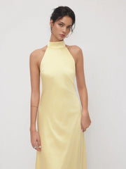 Satin Halter Neckline Backless Maxi Dress