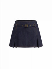 Denim Low Rise Buckle Mini Skirt With Belt
