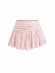 Lace V-neck Pointelle Bell Sleeve Crop Top With Ruched Mini Skirt Set
