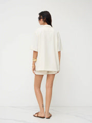 Linen-blend Collar Metal Button Oversized Blazer