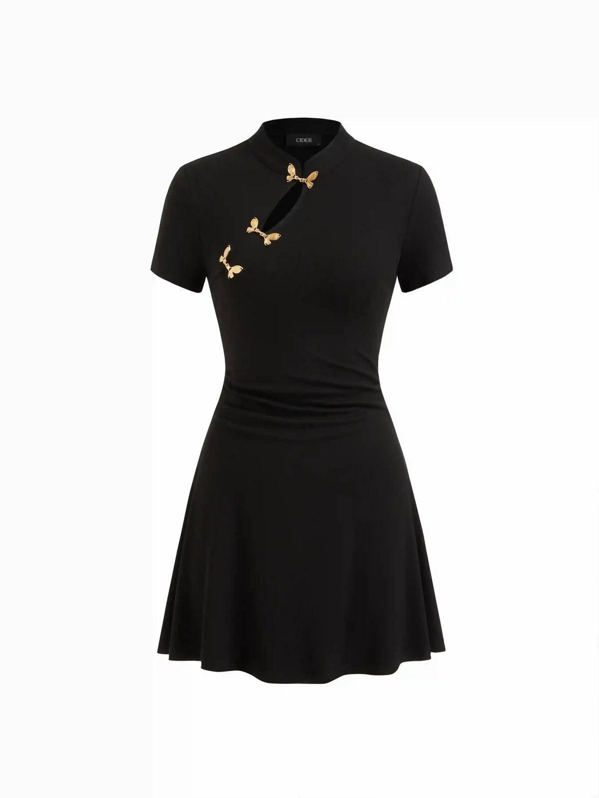 Mandarin Collar Short Sleeve Metal Detail Cut Out Ruched Mini Dress