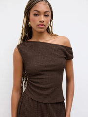 Texture Asymmetrical Neck Ruched Top & Mid Rise Elastic Waist Straight Leg Trousers Set