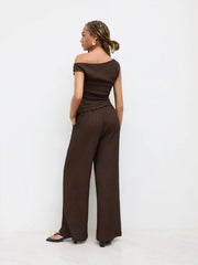 Texture Asymmetrical Neck Ruched Top & Mid Rise Elastic Waist Straight Leg Trousers Set