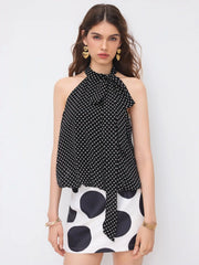 Chiffon Halter Neckline Polka Dot Knotted Oversized Blouse