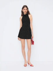 Halter Neckline Polka Dot Backless Ruffle Mini Dress