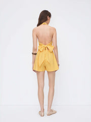 Linen-blend V-neck Button Bowknot Backless Romper