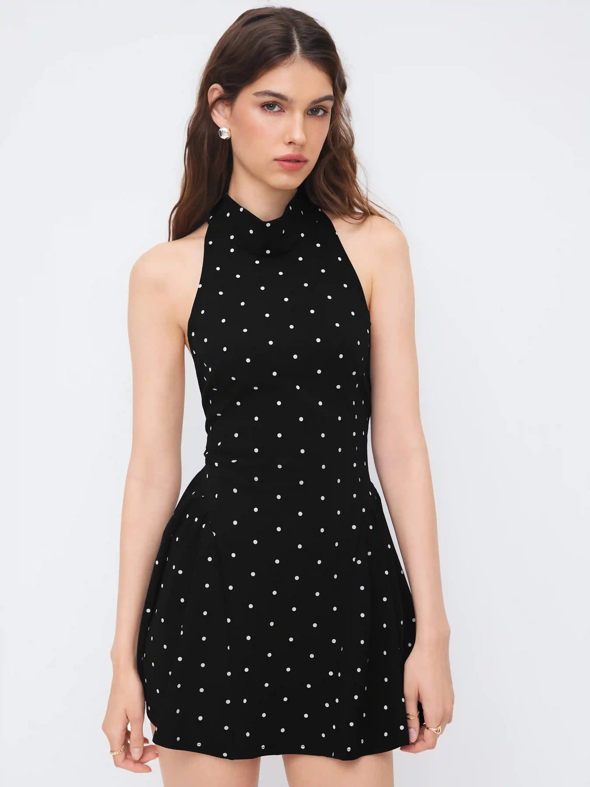 Halter Neckline Polka Dot Backless Ruffle Mini Dress