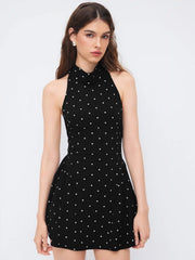 Halter Neckline Polka Dot Backless Ruffle Mini Dress