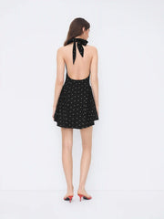Halter Neckline Polka Dot Backless Ruffle Mini Dress