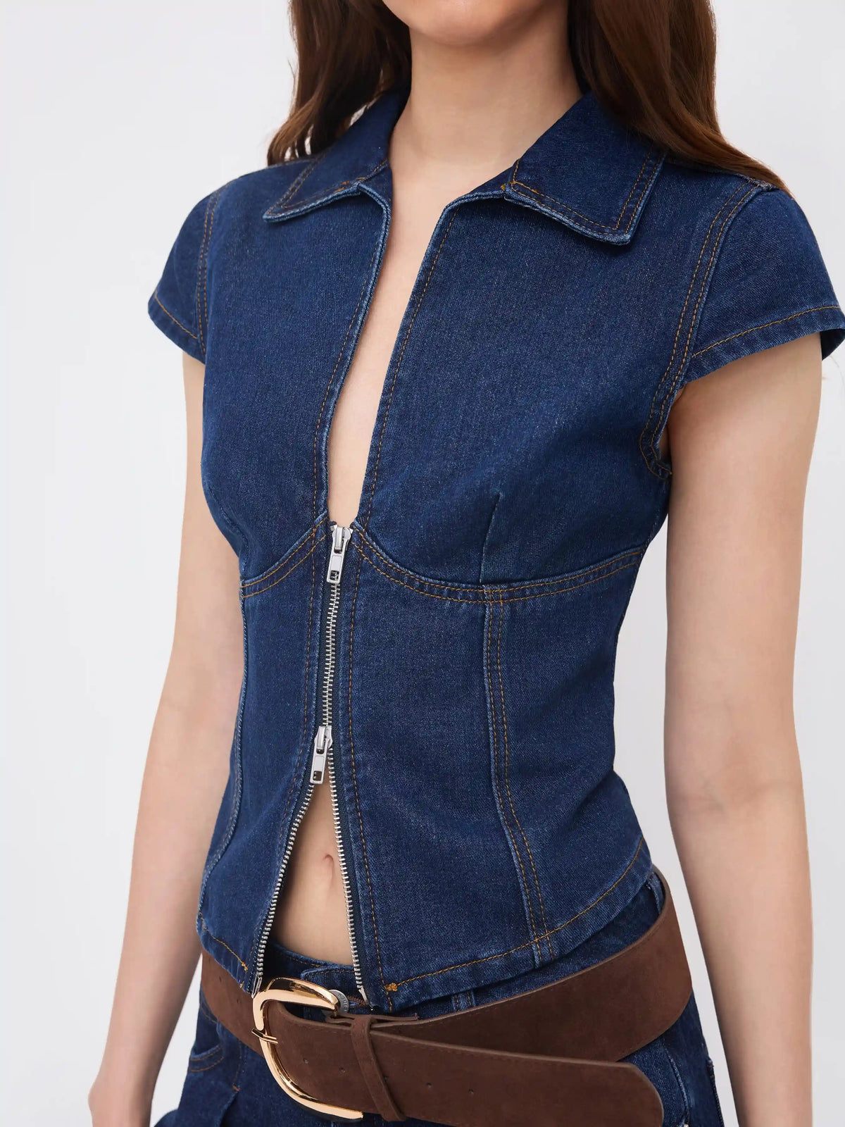 Denim Polo Neck Zip Through Blouse