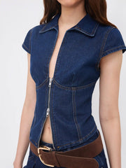 Denim Polo Neck Zip Through Blouse