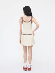 Knit U-neckline Contrasting Binding Stripe Drawstring Pleated Mini Dress