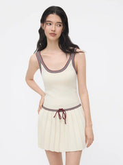 Knit U-neckline Contrasting Binding Stripe Drawstring Pleated Mini Dress