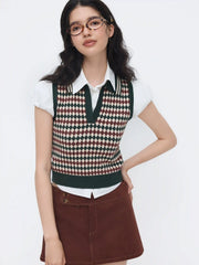 Knit Jacquard V-neck Polo Geometric Crop Vest