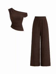 Texture Asymmetrical Neck Ruched Top & Mid Rise Elastic Waist Straight Leg Trousers Set