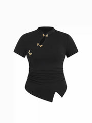 Mandarin Collar Metal Detail Asymmetrical Hem Ruched Split Top Curve & Plus