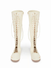 FLOWER EMBROIDERED LACE-UP KNEE HIGH BOOTS