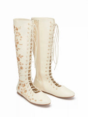 FLOWER EMBROIDERED LACE-UP KNEE HIGH BOOTS
