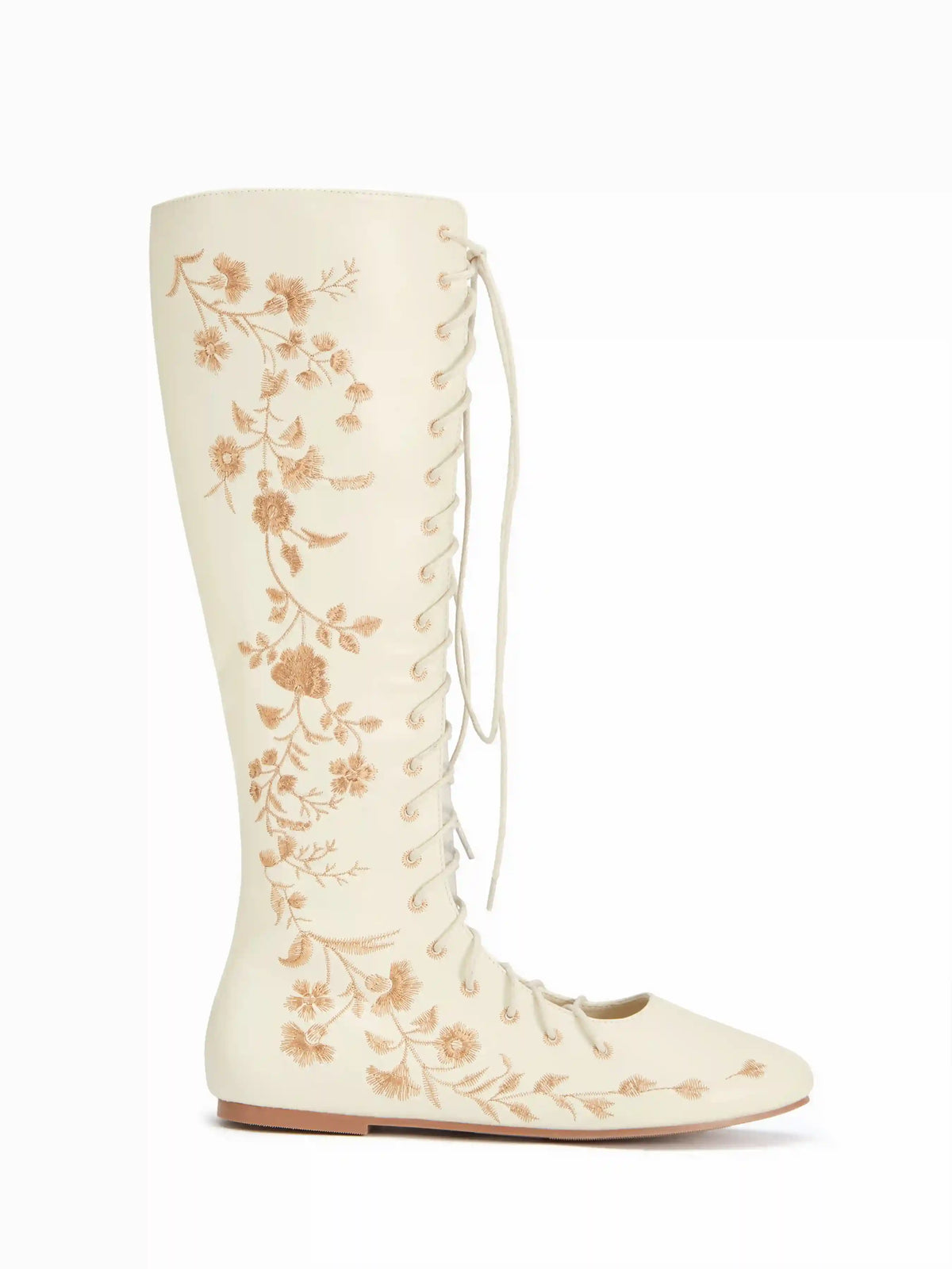 FLOWER EMBROIDERED LACE-UP KNEE HIGH BOOTS
