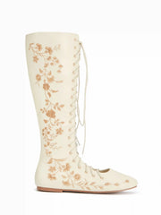 FLOWER EMBROIDERED LACE-UP KNEE HIGH BOOTS