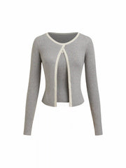 Knit Round Neckline Contrasting Binding Cardigan & Cami Top