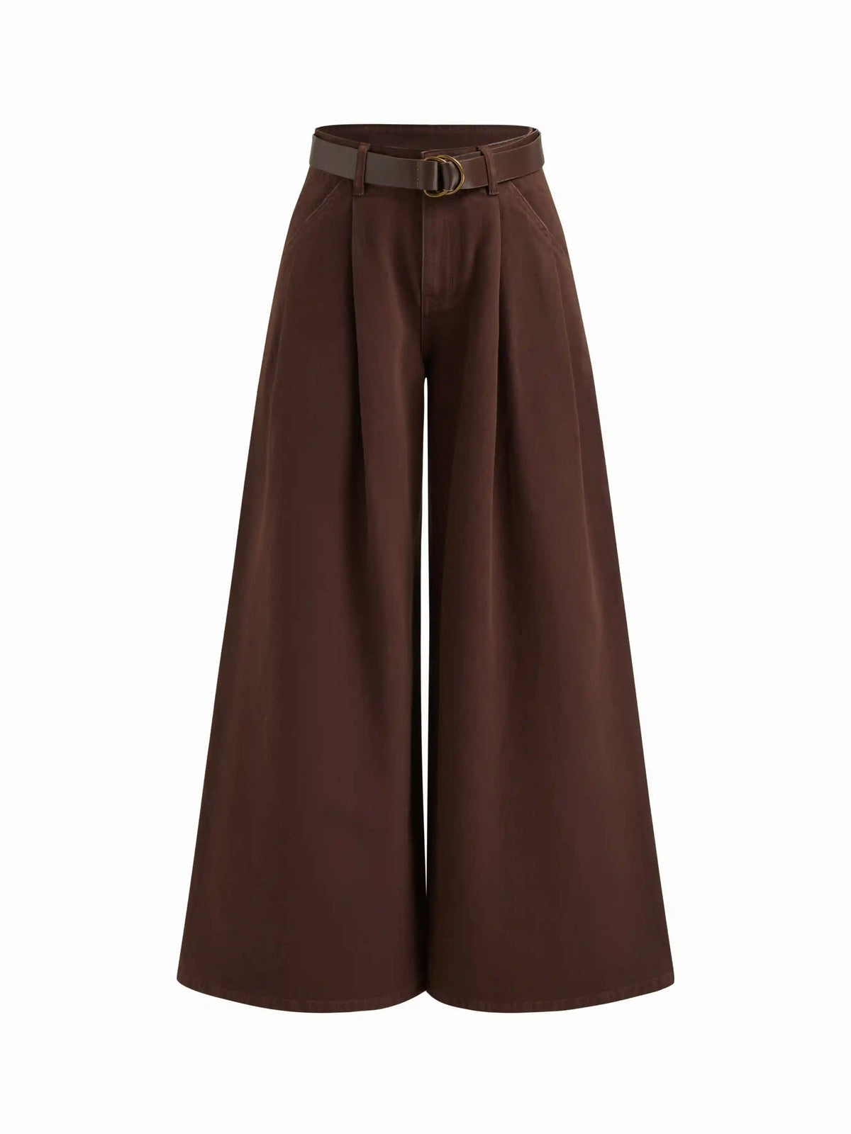 Denim Low Rise Pleated Wide Leg Jeans With Belt