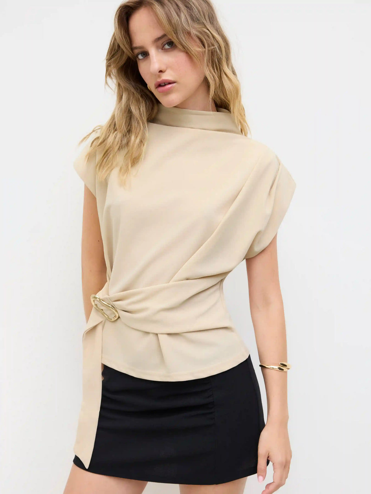 Stand Collar Belted Short Sleeve Top