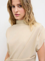 Stand Collar Belted Short Sleeve Top