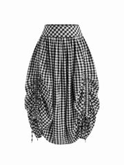 Multi-way Cotton-blend Mid Rise Gingham Drawstring Ruffle Hem Maxi Skirt