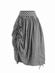Multi-way Cotton-blend Mid Rise Gingham Drawstring Ruffle Hem Maxi Skirt