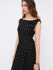 Linen-blend Boat Neck Polka Dot Backless Bowknot Midi Dress