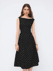 Linen-blend Boat Neck Polka Dot Backless Bowknot Midi Dress